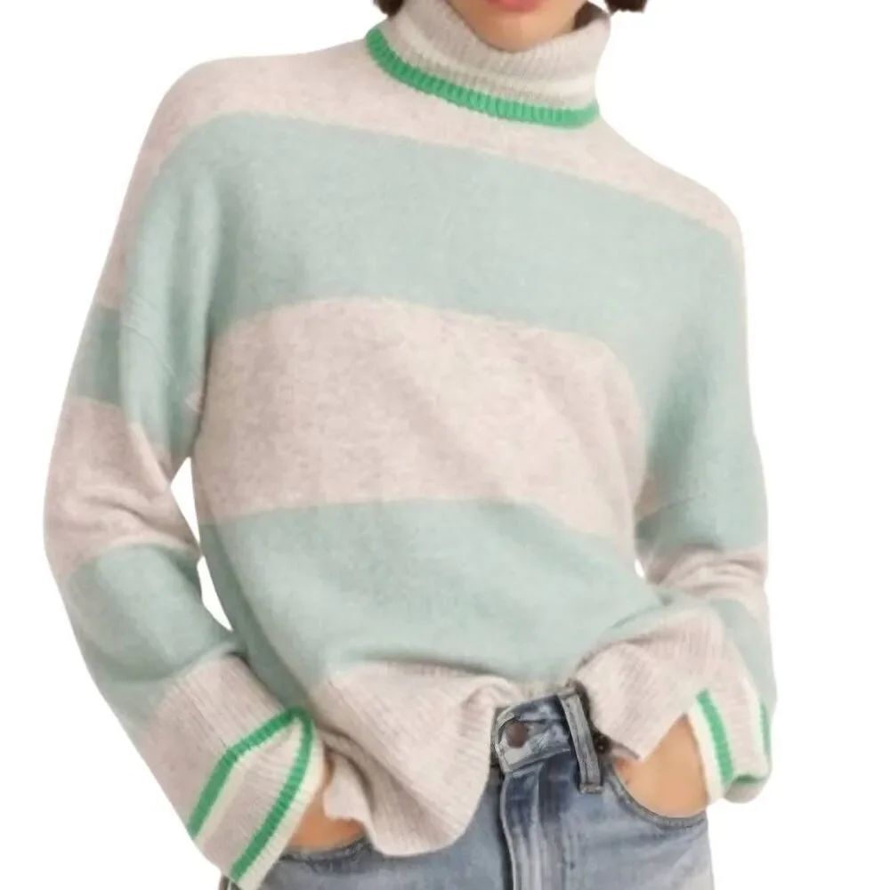 J. Crew Sweater Women's Small Green Grey Striped Turtleneck Supersoft Yarn Cozy